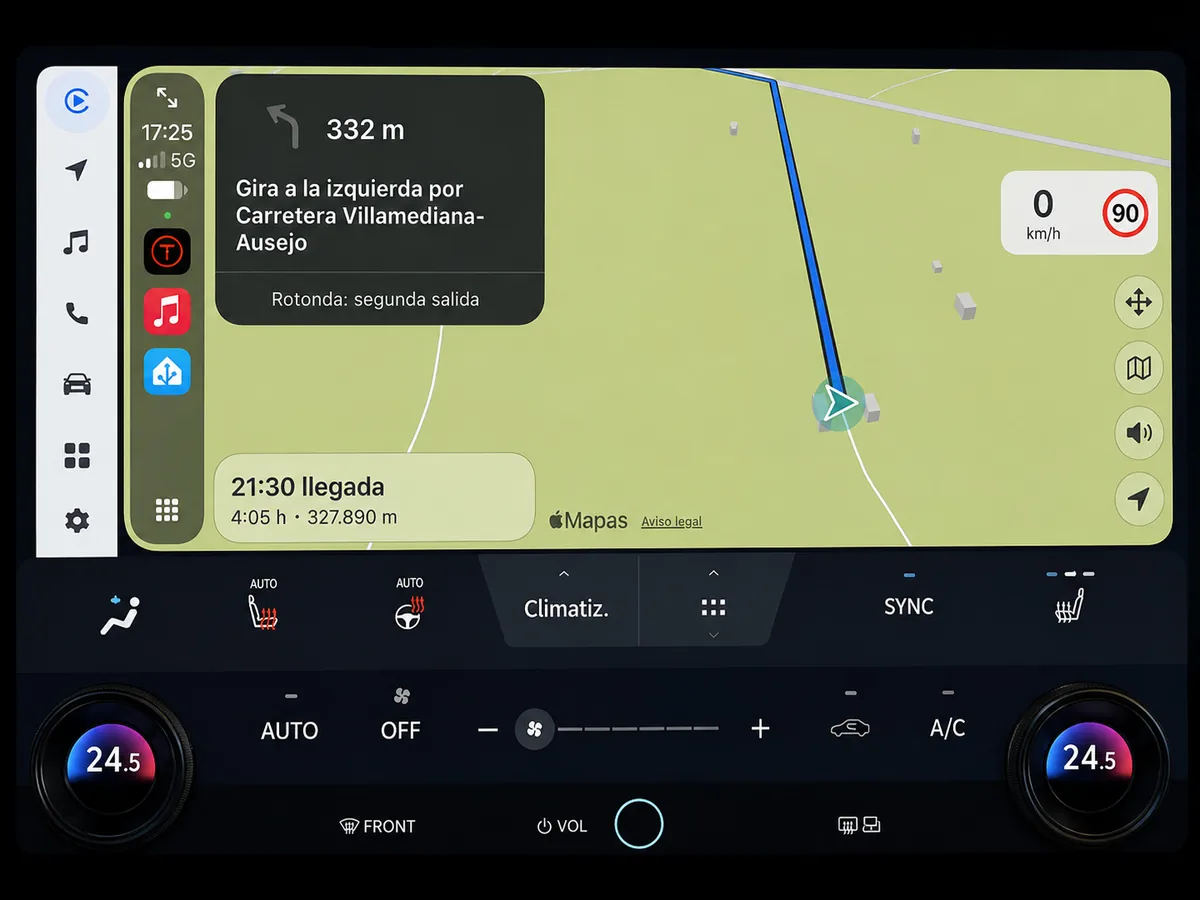 Pantalla de un coche con CarPlay durante un viaje largo: la maniobra siguiente a 332 metros, el límite de velocidad en 90 km/h, la hora de llegada a las 21:30 y 4 horas y 5 minutos con 327 kilómetros por delante.